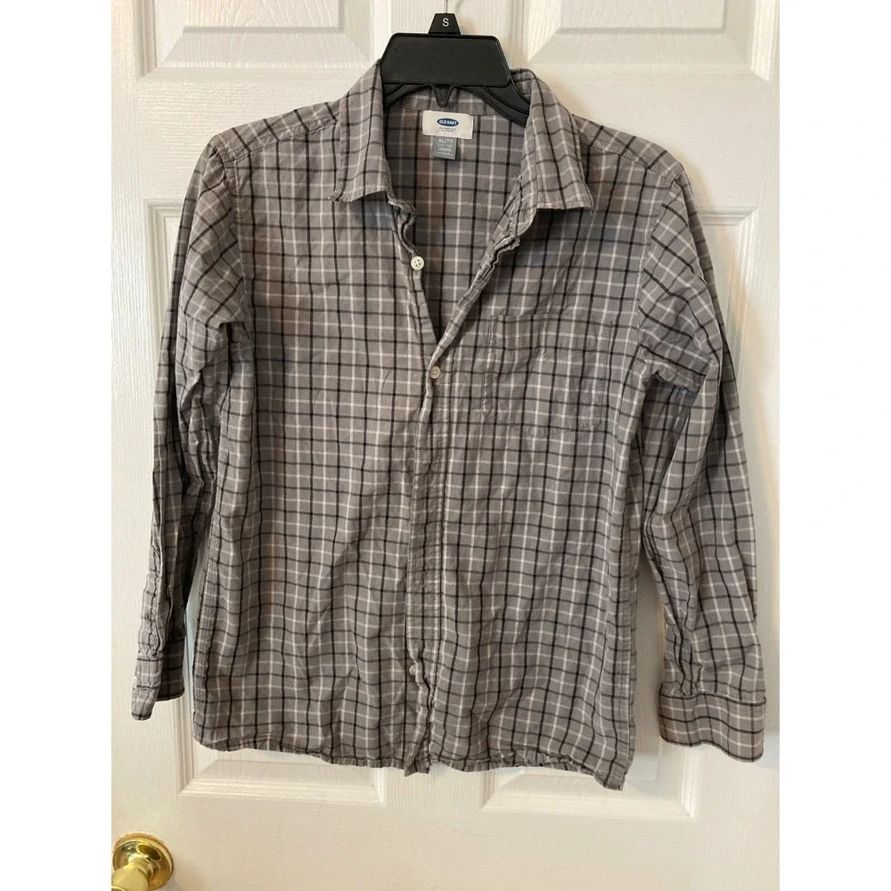 Old Navy Boys XL 14-16 Plaid Button Down Shirt Grey Black Long Sleeve Regular